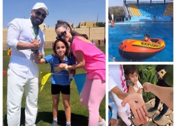 تامر حسني وبسمة بوسيل يشاركان أبنائهما اليوم الرياضي