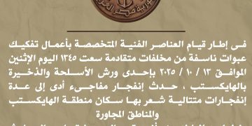 المتحدث العسكري: انفجار مفاجئ بورشة أسلحة وذخيرة بالهايكستب أثناء تفكيك عبوات ناسفة متقادمة